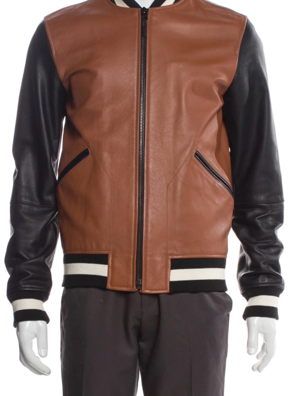 Coach Brown Body Black Sleeve Leather Bomber Jacket